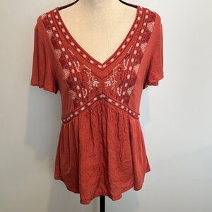 Ivy Embroidered V-Neck Top Rust Small Bohemian